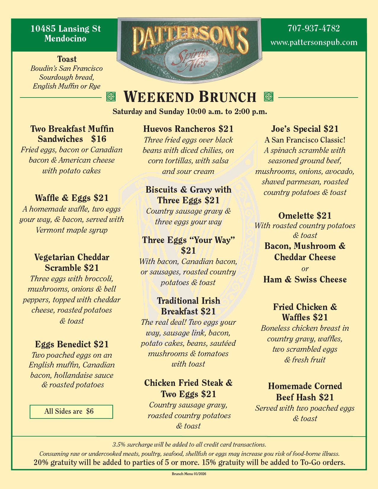 Pattersons Brunch Menu